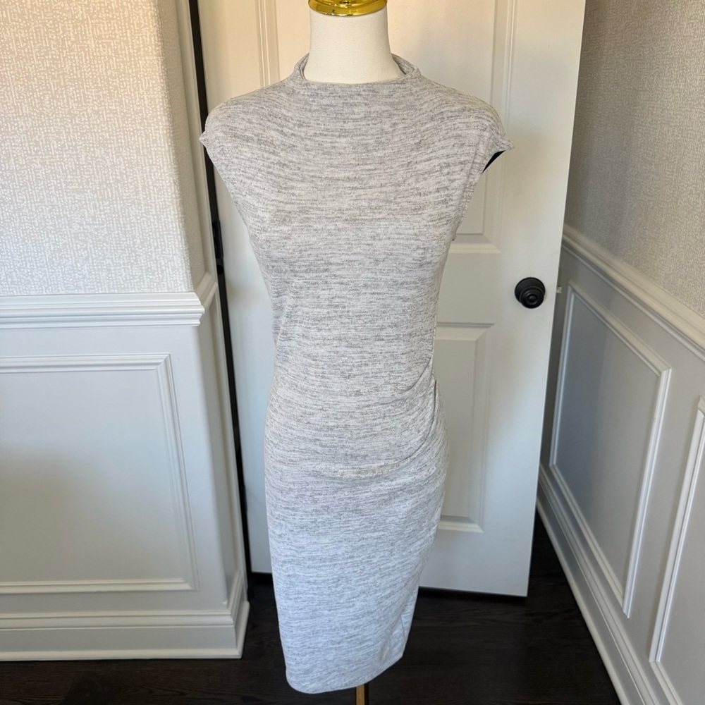 Windsor Light Gray Knit High Neck Ruched Detail Midi Women's Dress Small